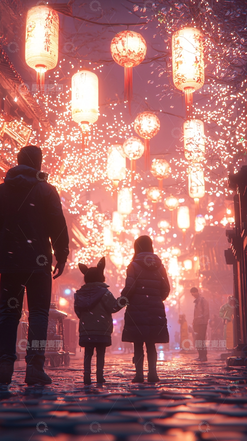 高清大图下载【趣麦麦图】夜晚古镇红灯笼家庭