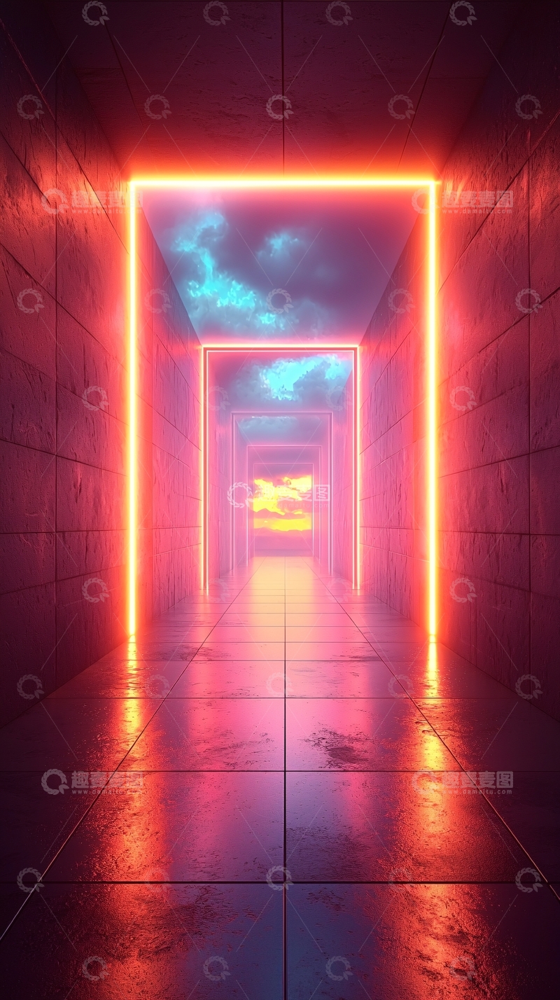 高清大图下载【趣麦麦图】霓虹灯隧道通向天空