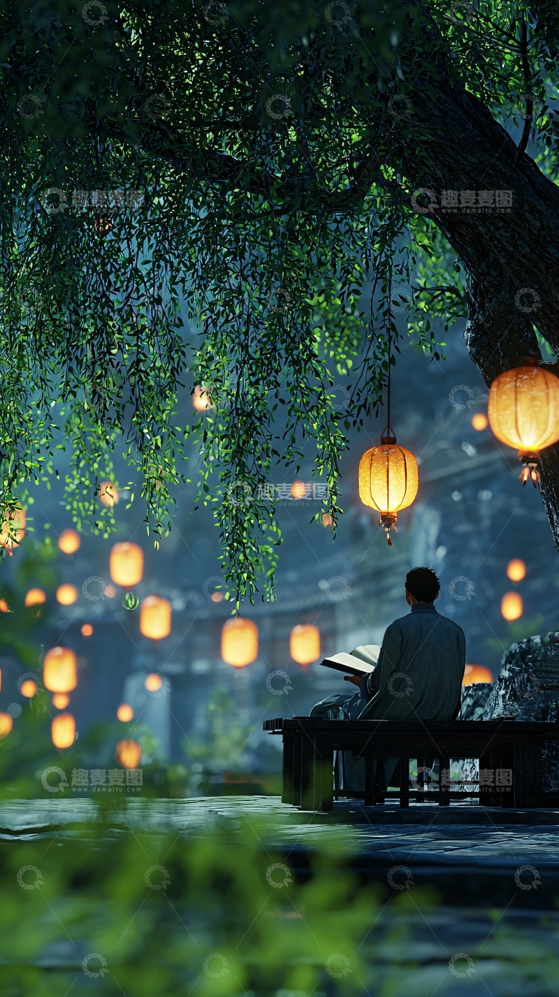 高清大图下载【趣麦麦图】夜色古树下读书人