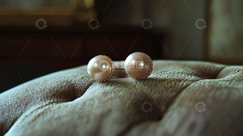 高清大图下载【趣麦麦图】绒布上两颗珍珠耳坠