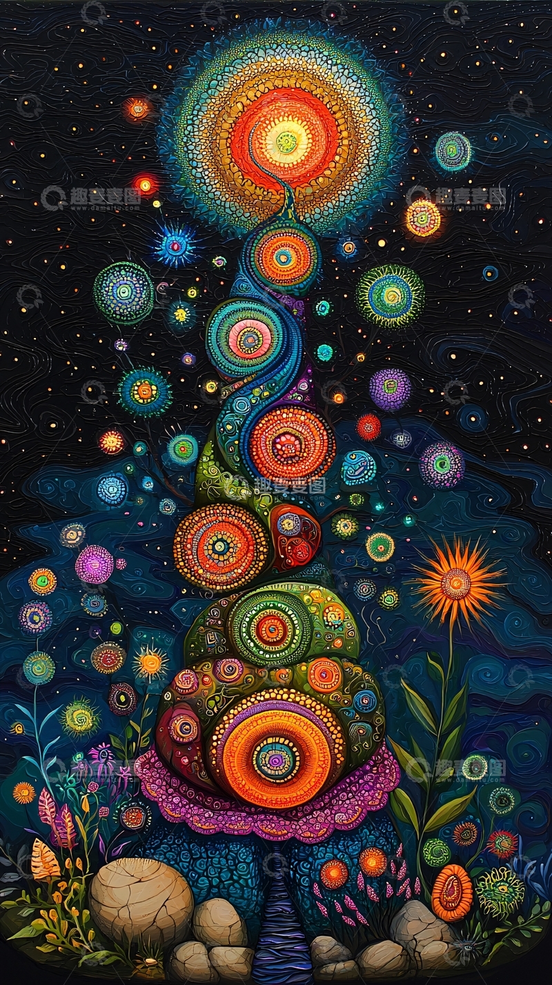 高清大图下载【趣麦麦图】梦幻星空中的彩色圆点塔