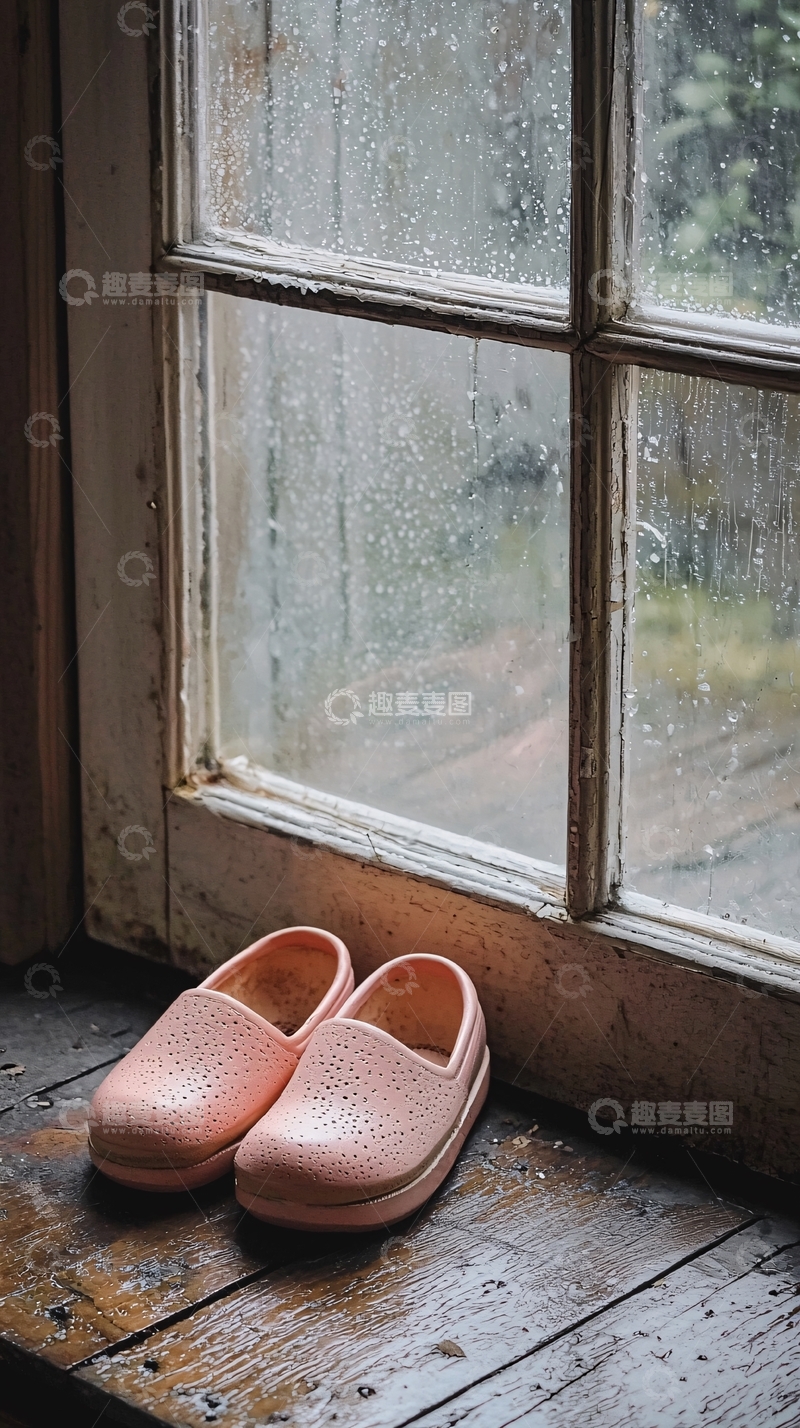 高清大图下载【趣麦麦图】粉色雨鞋窗边