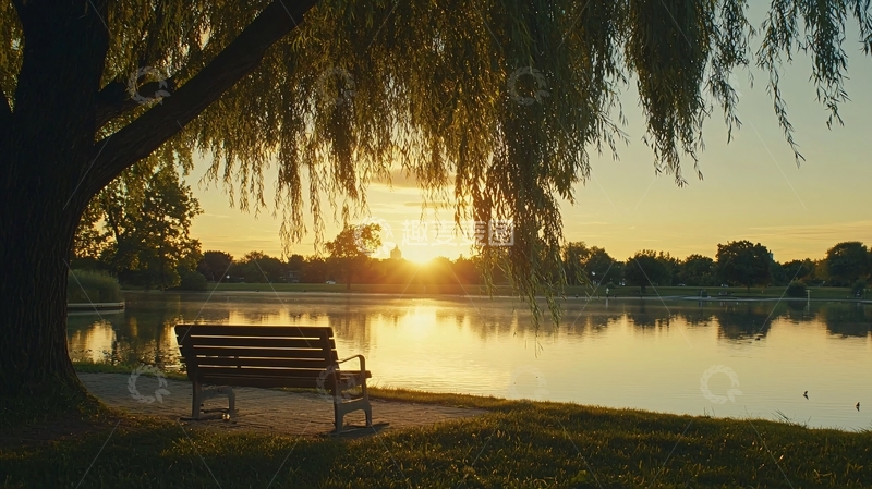 高清大图下载【趣麦麦图】夕阳西下湖边长椅