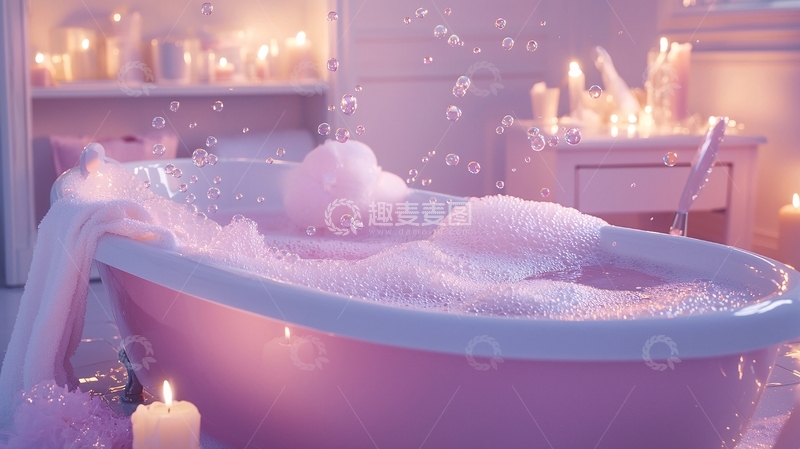 高清大图下载【趣麦麦图】泡泡浴缸浪漫粉色灯光