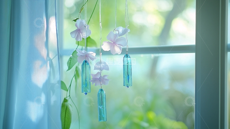 高清大图下载【趣麦麦图】窗边粉色花朵玻璃风铃