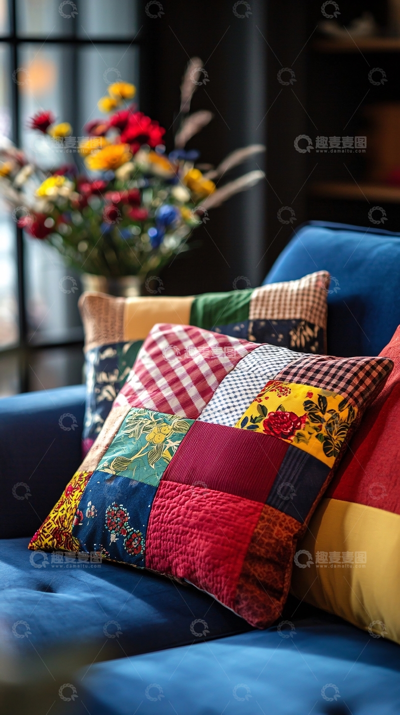高清大图下载【趣麦麦图】蓝色沙发上多彩拼接靠垫