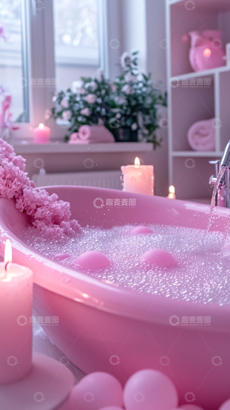 高清大图下载【趣麦麦图】粉色浴缸泡泡浴