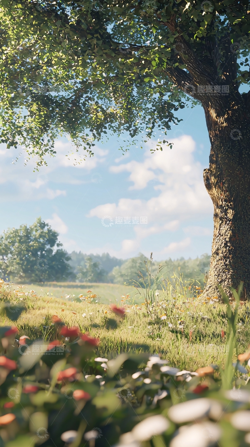 高清大图下载【趣麦麦图】阳光下绿树成荫的田园风光