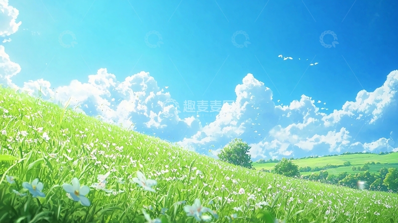 高清大图下载【趣麦麦图】阳光明媚的绿色花田
