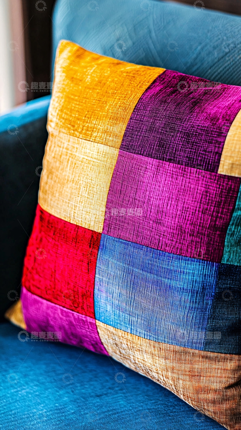 高清大图下载【趣麦麦图】彩色拼接绒面靠垫
