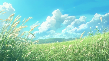 蓝天白云下的青草地