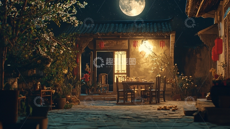 高清大图下载【趣麦麦图】月光下的古色古香庭院
