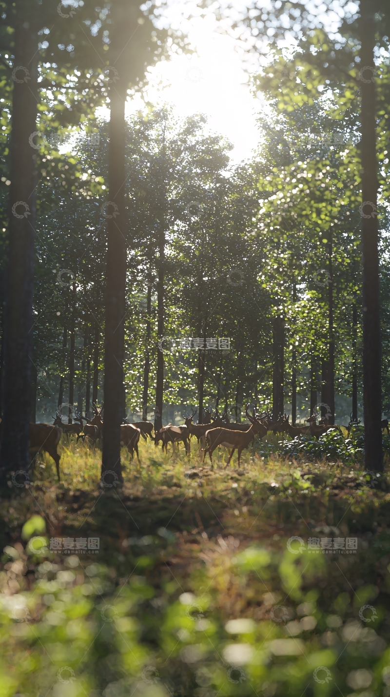 高清大图下载【趣麦麦图】阳光森林鹿群