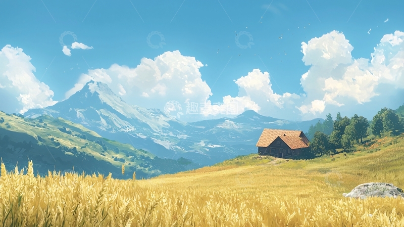 高清大图下载【趣麦麦图】山间小屋金黄麦田