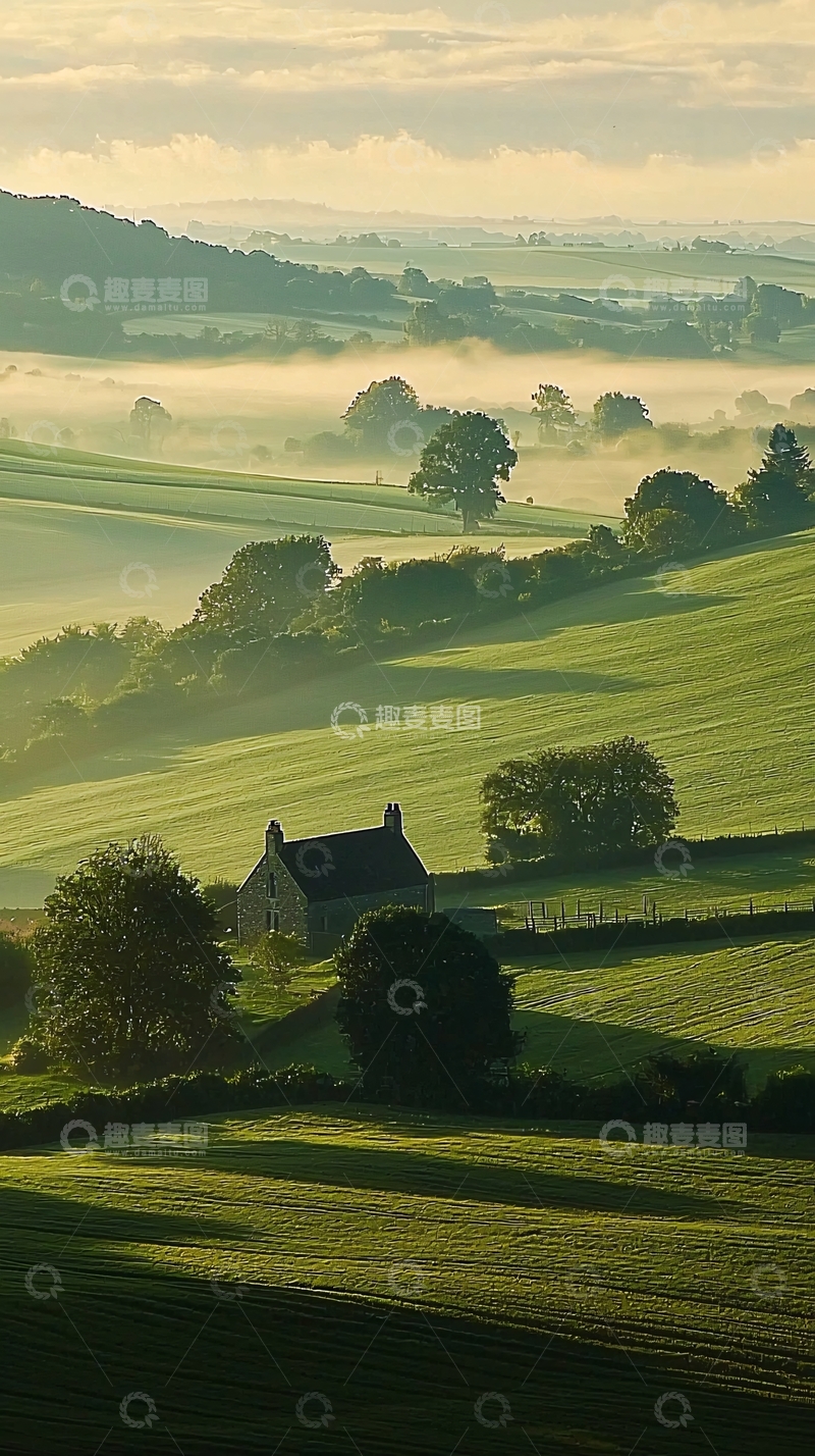 高清大图下载【趣麦麦图】晨雾中的田园小屋