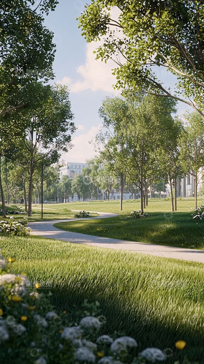 高清大图下载【趣麦麦图】阳光下绿树成荫的公园小路