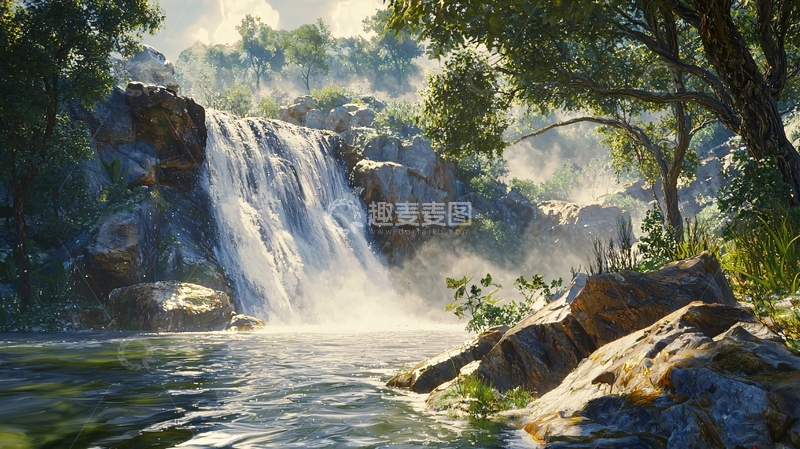高清大图下载【趣麦麦图】阳光下的瀑布森林