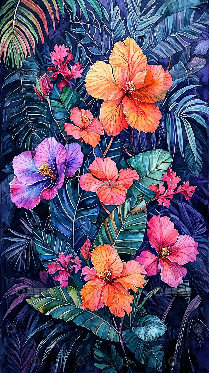 高清大图下载【趣麦麦图】热带花卉植物水彩画