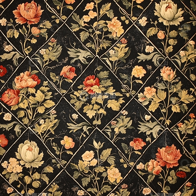 高清大图下载【趣麦麦图】复古花卉菱格壁纸图案