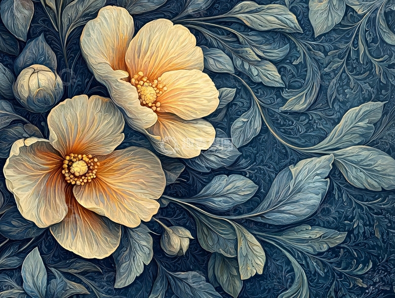 高清大图下载【趣麦麦图】淡黄色花朵与蓝色叶子