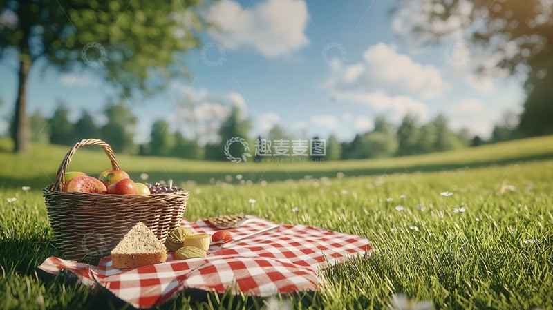 高清大图下载【趣麦麦图】野餐篮里装着水果和面包
