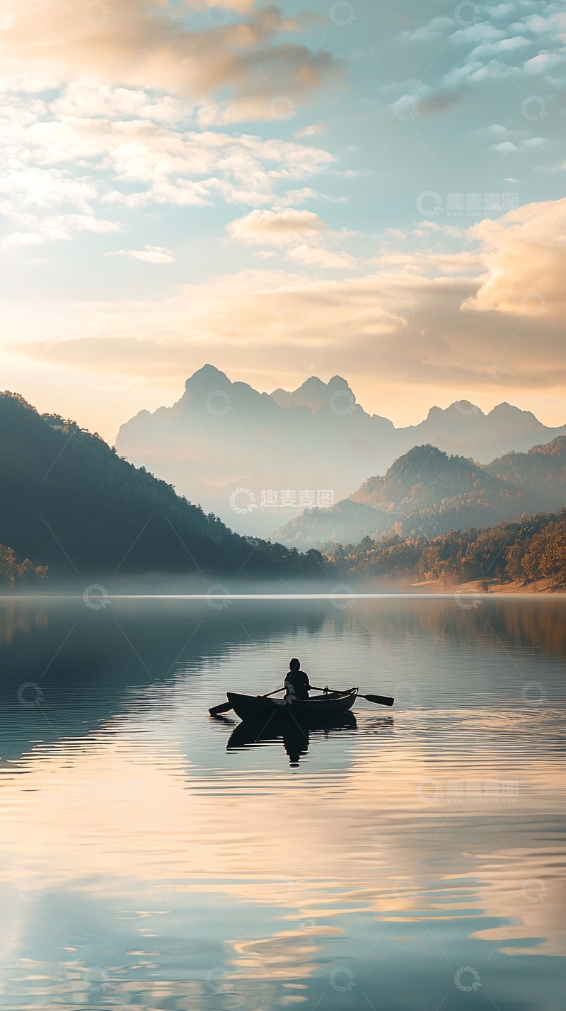 高清大图下载【趣麦麦图】宁静的湖面泛舟远山