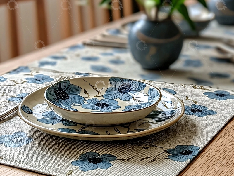 高清大图下载【趣麦麦图】餐桌上的蓝花餐具特写