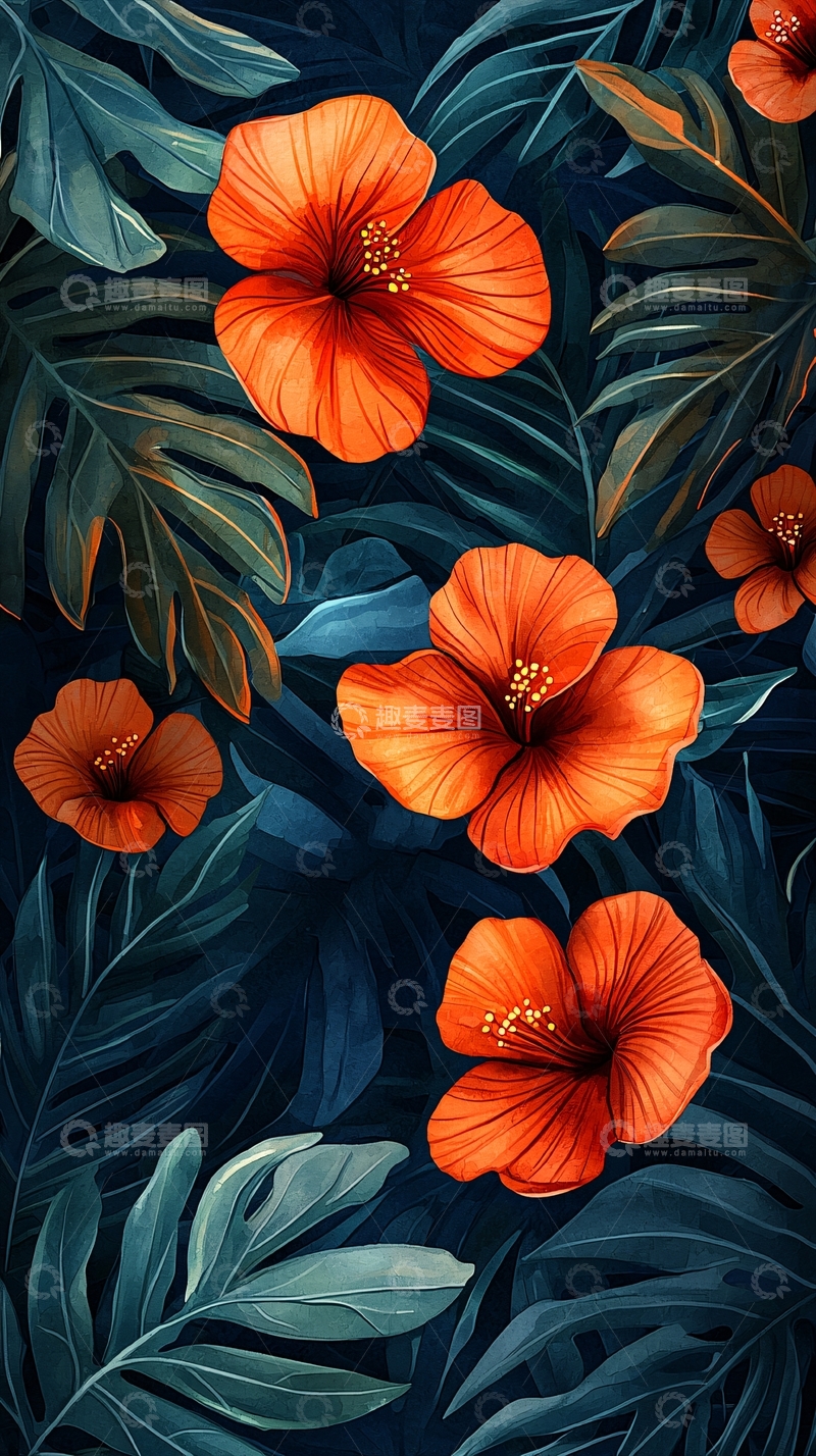 高清大图下载【趣麦麦图】鲜艳的橙色花朵和热带叶子