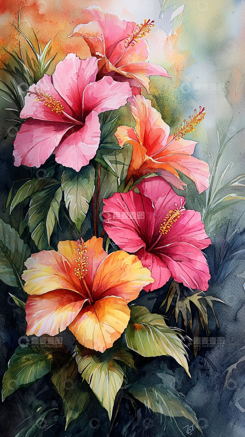 高清大图下载【趣麦麦图】鲜艳的扶桑花水彩画