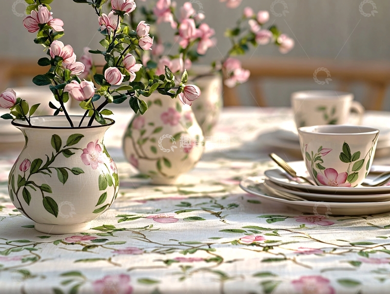 高清大图下载【趣麦麦图】粉色花朵茶具桌面静物