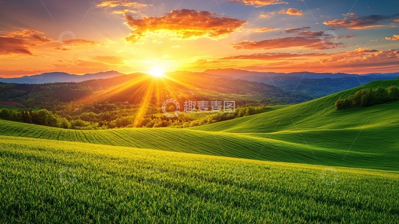 高清大图下载【趣麦麦图】日出山峦绿野田园风光