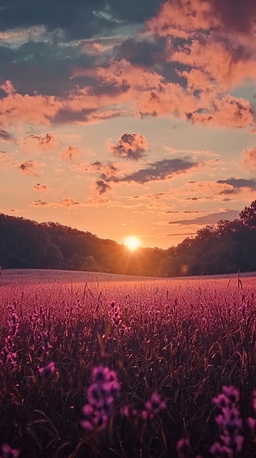 紫色花海落日余晖