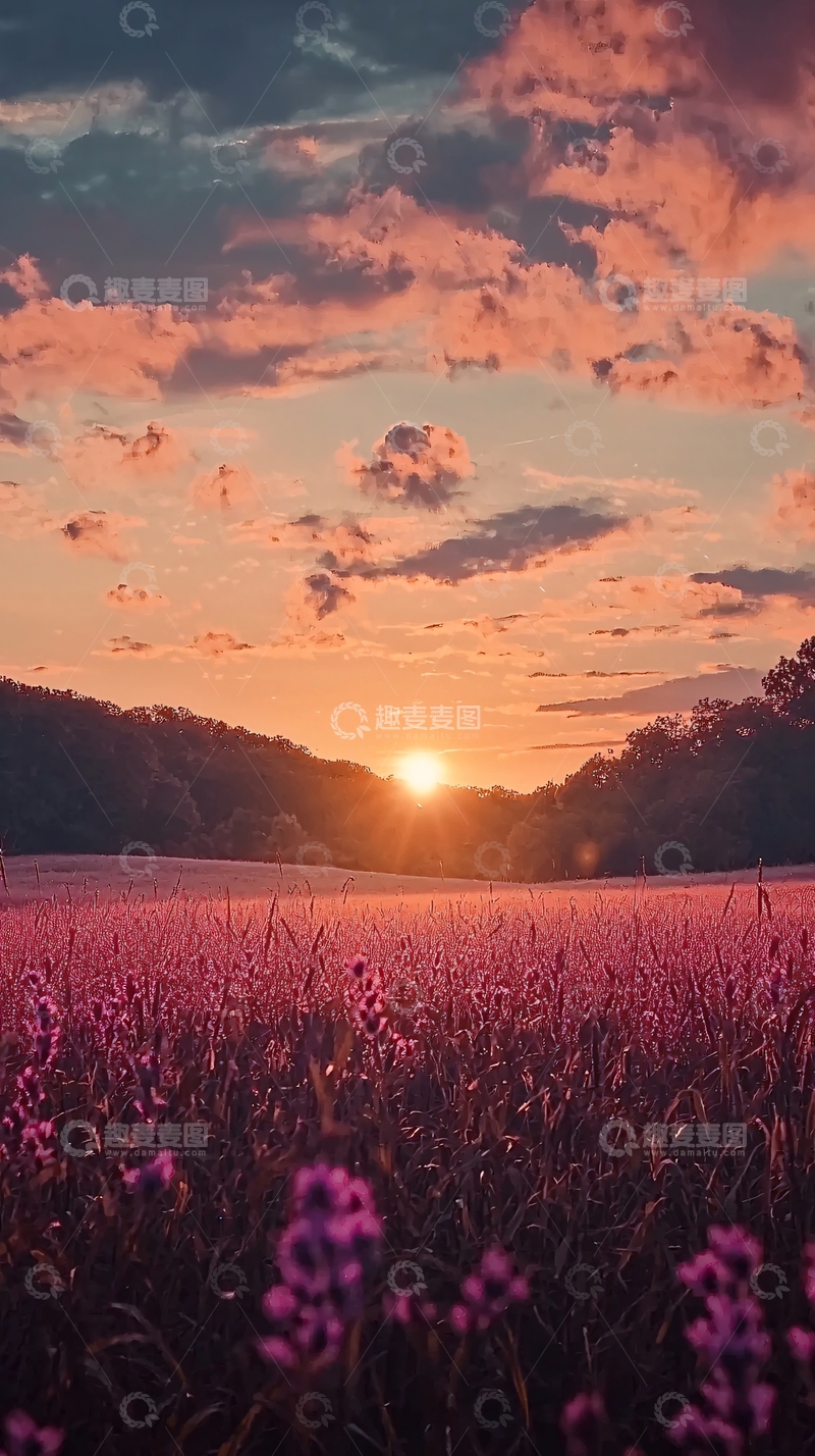 高清大图下载【趣麦麦图】紫色花海落日余晖
