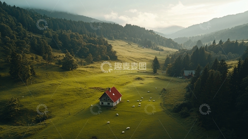 高清大图下载【趣麦麦图】山谷中带红屋顶的小木屋