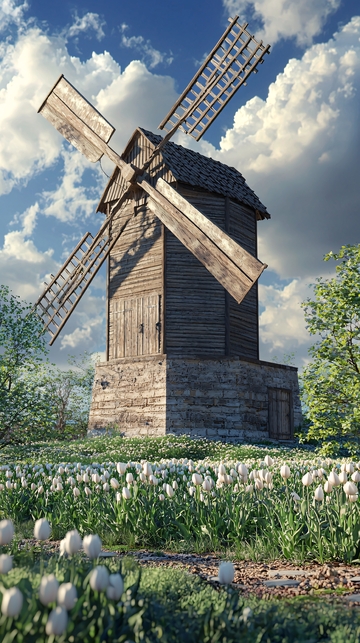 田园风光下的古老木制风车