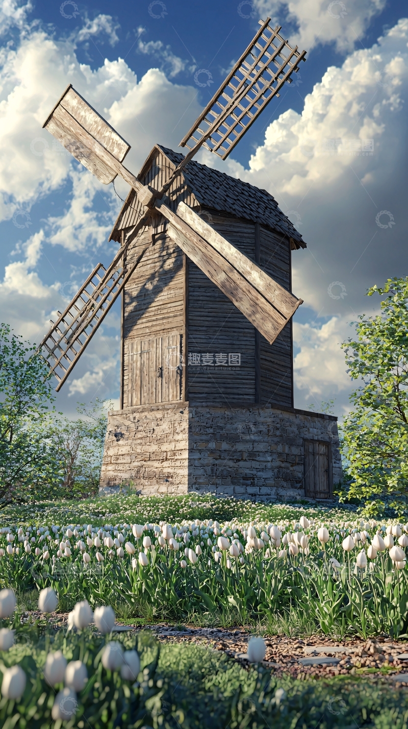 高清大图下载【趣麦麦图】-田园风光下的古老木制风车