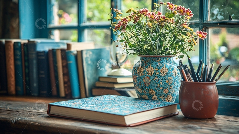 高清大图下载【趣麦麦图】窗边书本花瓶静物