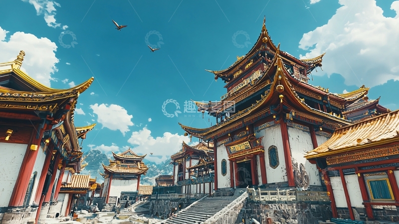 高清大图下载【趣麦麦图】蓝天白云下的中国古典建筑