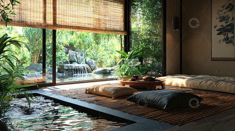 高清大图下载【趣麦麦图】日式禅意房间窗外庭院