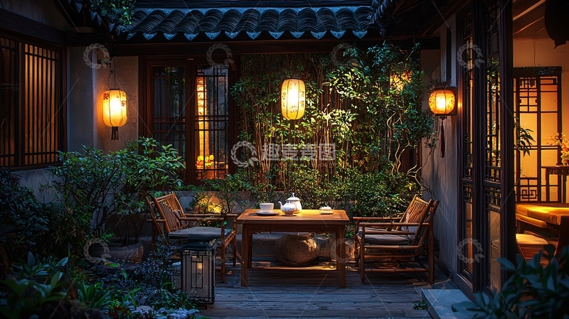 高清大图下载【趣麦麦图】中式庭院夜景
