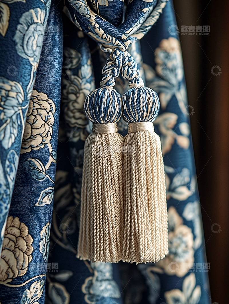 高清大图下载【趣麦麦图】蓝色花卉窗帘流苏