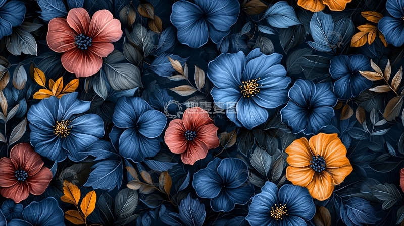 高清大图下载【趣麦麦图】蓝色红色花朵图案