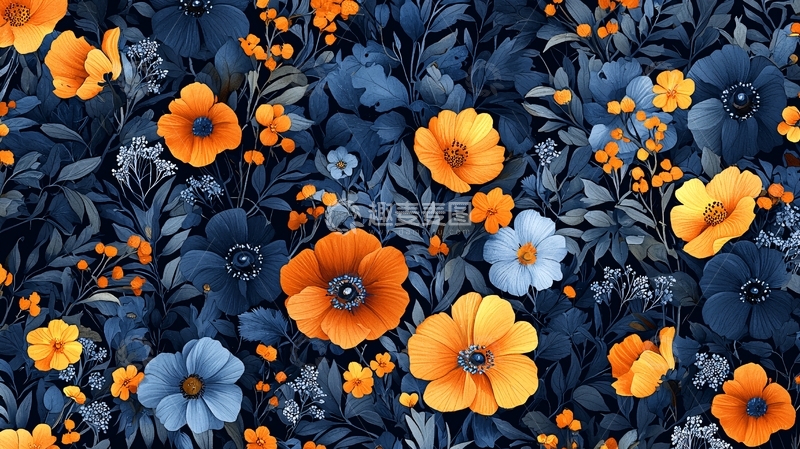 高清大图下载【趣麦麦图】深蓝背景橙色蓝色花卉图案