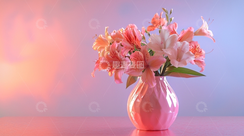 高清大图下载【趣麦麦图】粉色花瓶里的粉色百合花束