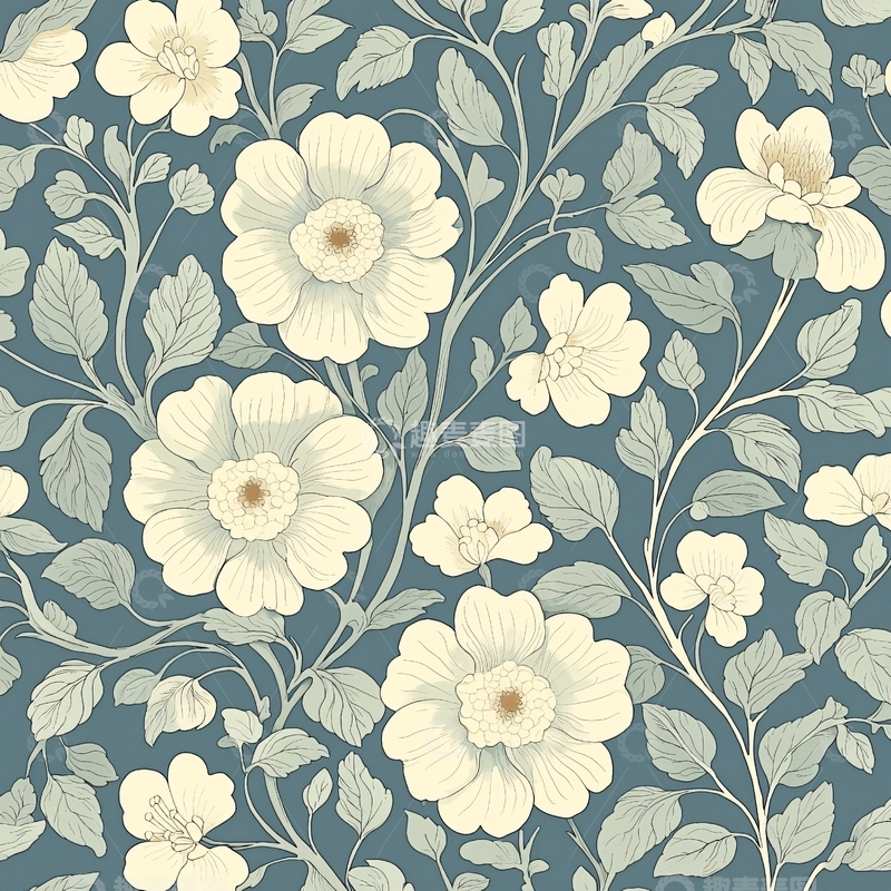 高清大图下载【趣麦麦图】米色花朵和叶子的复古图案