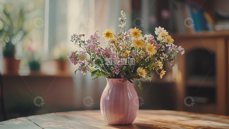 高清大图下载【趣麦麦图】粉色花瓶里的野花