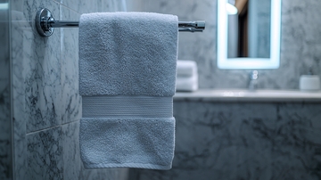 白色毛巾挂在浴室毛巾架上