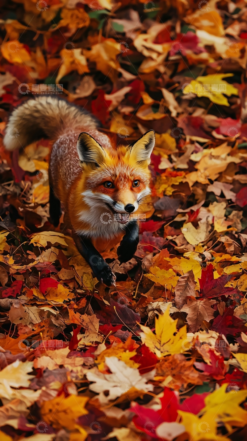 高清大图下载【趣麦麦图】红狐在秋叶中奔跑