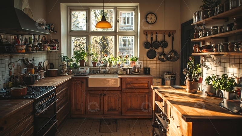 高清大图下载【趣麦麦图】温暖阳光洒进的木质厨房