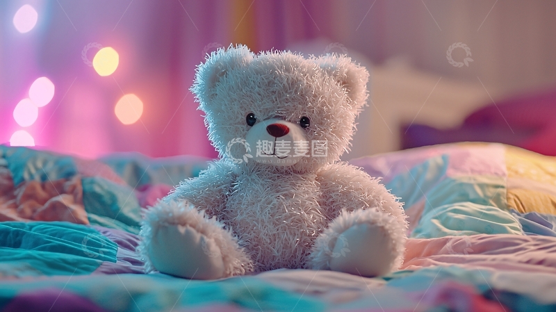 高清大图下载【趣麦麦图】粉色灯光下毛绒玩具熊